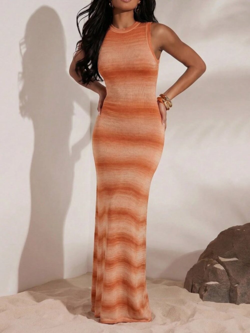 Orange Ombre Knit Sleeveless Maxi Dress